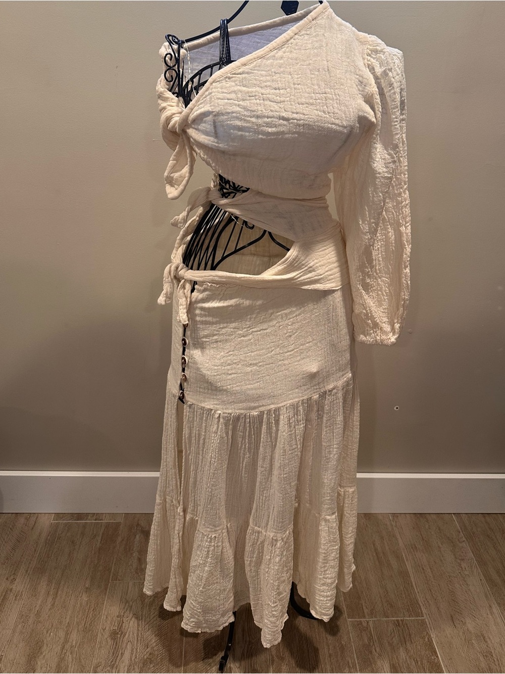 One-Shoulder Cream Wrap Maxi Dress with Waist Tie